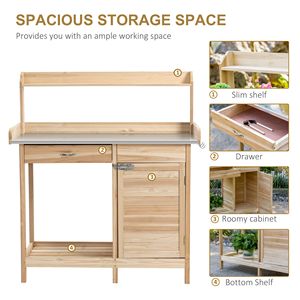 Tavolo da Giardinaggio in Legno Naturale con Armadietto e Ripiano Aperto, Piano in Acciaio per Stazione da Giardino - Product Image 5