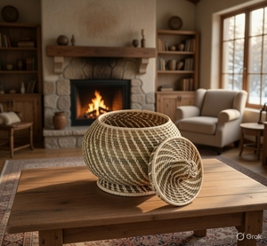 Panier en herbe tressé à la main avec garniture et poignée festives, écologique et élégant pour le rangement - Product Image 1