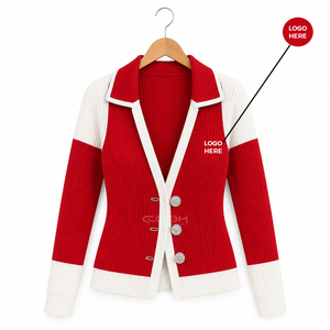 Cardigan en tricot contrastant rouge et crème de la sororité Cosh International, manches longues, col rabattu, boutons sur le devant - Product Image 5