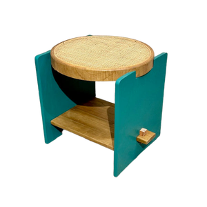 Modern <b>Wooden</b> <b>Stool</b> with Teal Frame and Rattan Top Handmade Living Room Furniture - Product Image 1