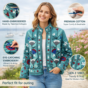 Chaqueta Bomber de Algodón Floral Hecha a Mano, Manga Larga, Cuello Alto, Bordado Kashmirí, Chaqueta para Mujer - Product Image 3