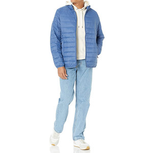 Men's Blue Puffer <b>Jacket</b> Solid Color Zipper Front Windproof Casual Autumn Wear Polyester Wadding Stand Collar Regular Fit - Product Image 2