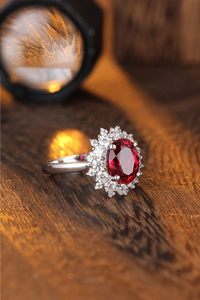 Bague de fiançailles classique en rubis, argent 925, diamant taille brillant rond, forme fleur, bague en pierres précieuses pour femme - Product Image 3