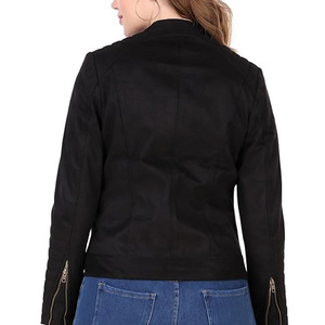 Women's Black <b>Suede</b> Moto <b>Jacket</b> With Zip Closure Stand Collar Full Sleeve Autumn Style Sample Service Available - Product Image 2