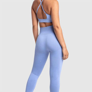 Women's High Waist Full Length Solid Light Blue Knitted <b>Leggings</b> Stretch Breathable Sporty All Seasons - Product Image 2