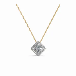 Pendentif Diamant Éternel Halo en Or Jaune 18 carats, Tailles Ronde et Princesse, pour Femme, Collier de Fiançailles, Mariage et Soirée - Product Image 1