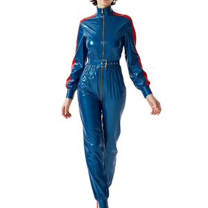 Mono Largo de Mujer Azul con Recubrimiento de PU, Cintura Alta, Manga Larga, Detalles Rojos, con Cinturón, Estilo Y2K, Ropa Urbana - Product Image 1