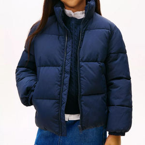Men's <b>Navy</b> Blue <b>Puffer</b> <b>Jacket</b> Stand Collar Zipper Closure Windproof Thick Polyester Winter Coat Casual Solid Color Loose Fit - Product Image 3