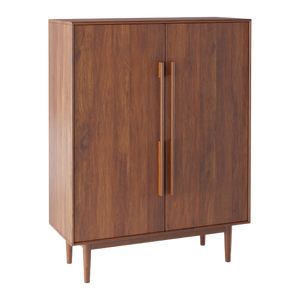 Armoire de rangement haute en teck de style Mid-Century Modern avec 2 portes, longues poignées verticales en bois et pieds coniques - Product Image 1