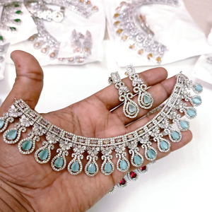 Conjunto de Collar y Pendientes de Cristal Azul Claro con Imitación de Perlas y Diamantes de Imitación, Chapado en Rodio, Estilo Clásico para Novia - Product Image 1