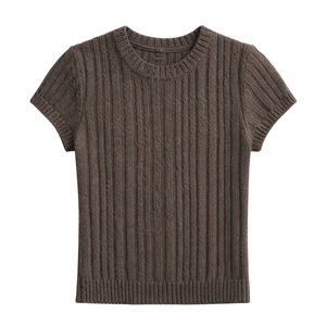 Camiseta de punto acanalado texturizado para mujer, manga corta, cuello redondo, corte ajustado, informal, suave y elástica, estilo cómodo para el día a día - Product Image 1