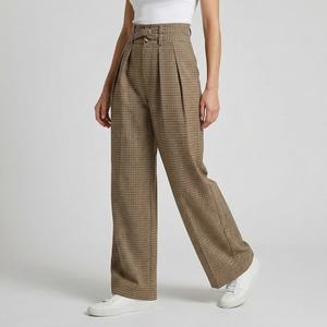 Pantalon large à taille haute pour femme, à carreaux, plissé, coupe ample, longueur intégrale, en laine et polyester, décontracté, pour l'automne - Product Image 6