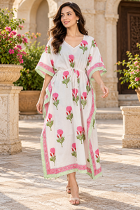 Robe Kaftan Bohème à Imprimé Floral Rose pour Femmes, 100% Coton, Col en V, Maxi avec Bordure Verte, Ceinture à Nouer à la Taille, Respirante - Product Image 4