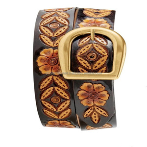 Cinturón de herramientas de cuero occidental de grano completo negro en relieve floral tallado a mano clásico para unisex con juego de hebilla de latón - Product Image 3