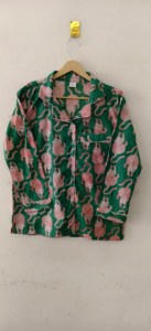 Premium Handcrafted Green Cotton Knitted Leopard Print Flock Printed Summer Night Suit Pajama Set Full Sleeve Shirt <b>Trouser</b> - Product Image 2