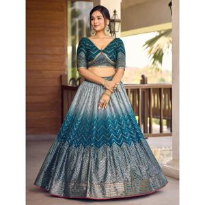 Chinon Sangeet Wear Robe de soirée Impressionnant bleu sarcelle Paillettes Lehenga Choli avec Dupatta - Product Image 5