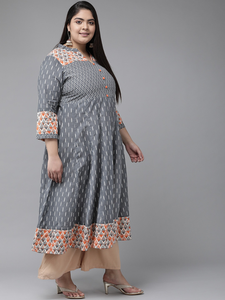 Kurti Anarkali en coton grande taille pour femme, avec motif gris imprimé Ikat, col mandarin et manches trois quarts - Product Image 3