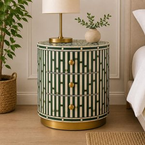 Modern Round Resin Inlay Wardrobe Green White Stripe Pattern Three Drawer Gold Base Living Room Home Hotel Furniture - Product Image 3