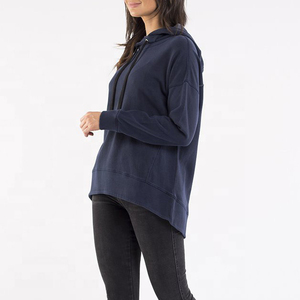 <b>Women's</b> <b>Navy</b> Blue Hooded Sweatshirt Long Sleeve Casual Asymmetric Hem Knitted Cotton Pullover Hoodie Autumn Wear - Product Image 2