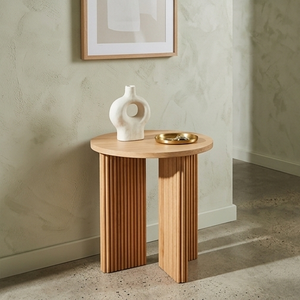 Modern <b>Solid</b> Teak <b>Wood</b> Round Side Table Fluted Base Minimalist Bedroom Nightstand Eco Friendly Handcrafted Living Room Furniture - Product Image 5