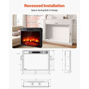Cheminée électrique moderne encastrable murale de 23 pouces avec 3 niveaux de luminosité réglables, minuterie 24h, télécommande et matériau en verre - Product Image 4