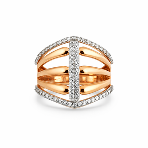 18K Rose Gold Diamond Multi Row Geometric <b>Statement</b> <b>Ring</b> for Women Pave Set V Shape Design Wedding Party Wear Gift Fine Jewelry - Product Image 1