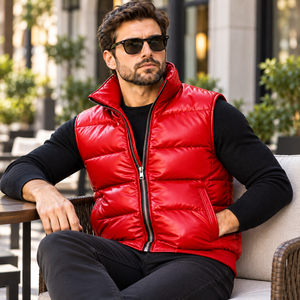 Men's Casual Leather Puffer <b>Vest</b> with Front Zipper | Chaleco Acolchado Casual de Cuero para Hombre con Cremallera Delantera - Product Image 5