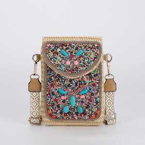 Sac à bandoulière artisanal en coton et rotin multicolore avec perles, motif mosaïque de créateur, sac à main de luxe pour femme - Product Image 3