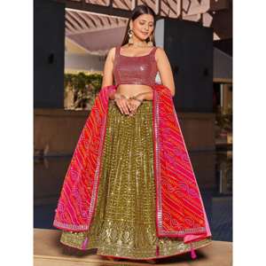 Fabuleux vert olive paillettes Georgette Lehenga Choli ensemble avec Dupatta pour tenue de soirée - Product Image 5