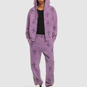 Men's Winter Purple <b>Cross</b> Printed Hooded Rhinestone 100% Cotton Tracksuit Full Length Drawstring Closure Casual Regular Fit - Product Image 1