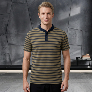 T-shirt à manches courtes en tricot rayé pour homme, avec bordure contrastée, logo sur le devant, coupe classique, décontracté, mélange de coton, été - Product Image 3