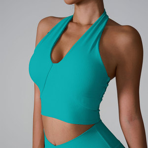 Soutien-gorge de sport léger pour femme, style européen et américain, col halter, gilet de yoga, absorption des chocs avant, côtelé, ajusté, maintien moyen - Product Image 4