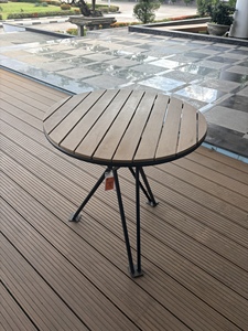 Contemporary <b>Round</b> Outdoor <b>Table</b> With Wood Top And Black Metal Frame Durable Design For <b>Patio</b> Use - Product Image 5