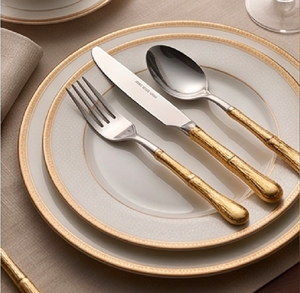 Juego de cubiertos de acero inoxidable Bamboo Gold con mangos dorados, pulido espejo, resistente al óxido, artículo de lujo para bodas, hoteles y resorts. - Product Image 3