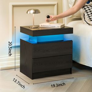 Modern LED <b>Bedside</b> <b>Table</b> Nightstand with 2 Drawers <b>Black</b> Woodgrain for Bedroom - Product Image 3