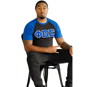 T-shirt en chenille bleu et noir à manches raglan pour homme, avec lettres grecques, vêtement de fraternité premium, coupe classique à manches courtes - Product Image 1