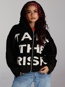 Custom Heavyweight <b>Full</b> <b>Zip</b> <b>Hoodie</b> Applique Patch Rhinestone Mens Black Distressed Streetwear <b>Zip</b> Up <b>Hoodie</b> - Product Image 1