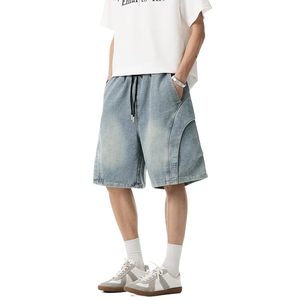 Shorts Bermuda en jean délavé écologique vintage pour homme, taille haute élastique, style décontracté, gris clair, 100 % coton - Product Image 5