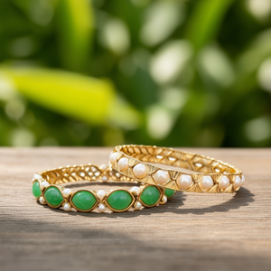 Jade and Pearl Geometric <b>Bangles</b> Set-Trendy <b>Copper</b> Brass Bracelets for Engagement - Product Image 3