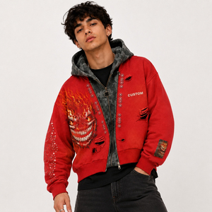 Wholesale Custom Flame Graphic <b>Hoodie</b> Men Oversized <b>Red</b> Vintage Streetwear Full Zip Distressed Hooded Jacket OEM Supplier - Product Image 5