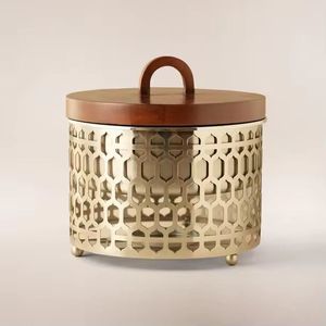 Modern Gold Mesh Casserole Premium Food Warmers Contemporary Stainless Steel <b>Buffet</b> <b>Server</b> with Geometric Design & Wood Lid - Product Image 1