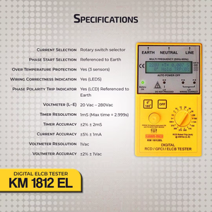 Testeur ELCB numérique KM 1812, instrument de mesure des paramètres de sécurité, plage 20-280V AC, CAT III, 240V 50/60Hz, résolution 1mS - Product Image 3