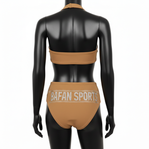 ชุดบิกินี่ไนลอนสแปนเด็กซ์ GSM คุณภาพสูง สีน้ำตาลอ่อน เนื้อผ้ายืดหยุ่นเรียบ ประดับด้วยคริสตัล  รับสกรีนโลโก้ตามแบบ ชุดบิกินี่สำหรับผู้หญิง - Product Image 2