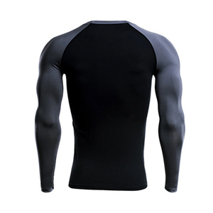 Chemise de compression à manches raglan slim fit pour homme, noir gris, manches longues, séchage rapide, sportive, col rond, tricotée en polyester - Product Image 2