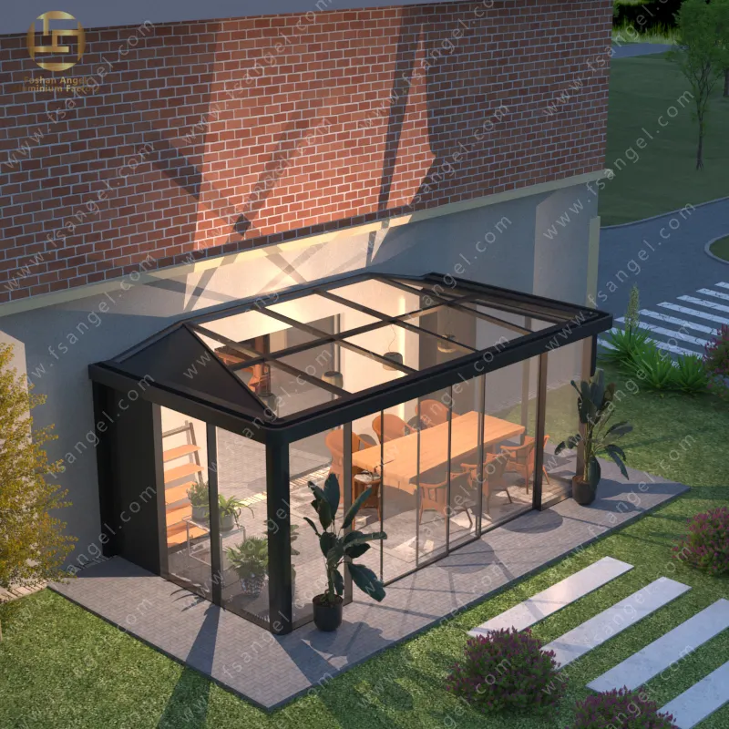 Ses geçirmez rüzgar geçirmez kavak solaryum prefabrik güneş odası cam bahçe evi açık alüminyum alaşımlı çerçeve üçgen Sunroom 4 sezon