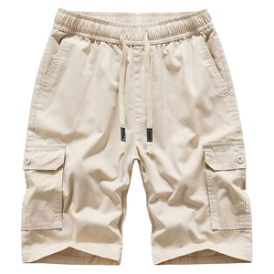 Shorts cargo pour homme, couleur unie, taille mi-haute, cordon de serrage, style bermuda, pantalon décontracté, poches, matière polyester, design respirant - Product Image 1