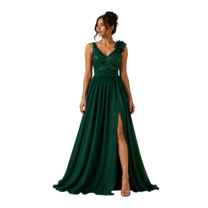 Robe longue verte pour femme à col en V avec découpes latérales et broderies de sequins, respirante, idéale pour les soirées printemps/été - Product Image 1