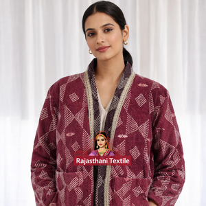 เสื้อแจ็คเก็ตสไตล์วินเทจลายกันตะแบบราชสถาน สำหรับฤดูใบไม้ร่วง ทำจากผ้าฝ้าย 100% สไตล์เรียบง่ายสำหรับผู้หญิง ปกแบบผ้าคลุมไหล่แบบกลับด้านได้ ประดับขนนก - Product Image 4