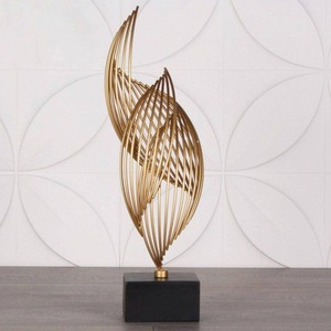 Modern Gold Metal <b>Wire</b> Sculpture With Wooden Base Artistic Tabletop Decor Ideal for Living Room and Office Decor From India - Product Image 1