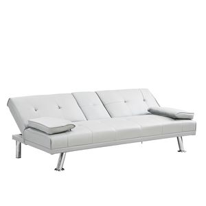 Two-Holder Armrest <b>Sofa</b> Bed with <b>Wood</b> <b>Frame</b> and Stainless Leg FUTON White PVC Material - Product Image 4